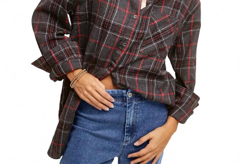 NEW LA MIEL plaid oversized button front long sleeve shirt in charcoal gray